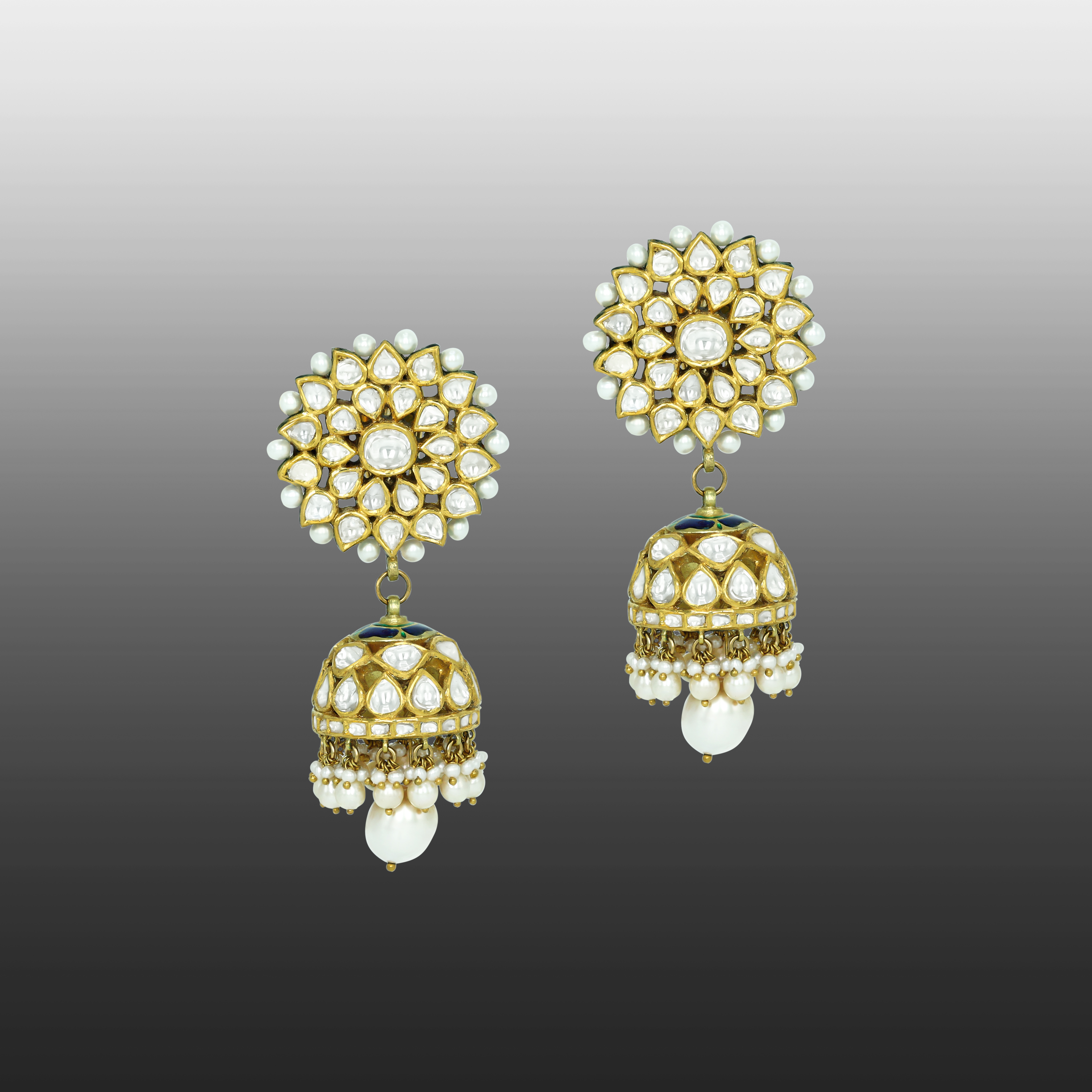 Floral Polki Jhumkas with Pearl Tassels and Dome Design